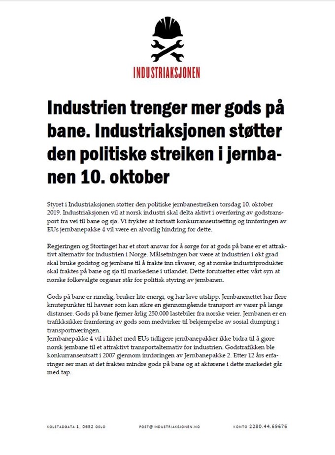 Jernbaneuttalelse Industriaksjonen uke 41 okt 2019-1