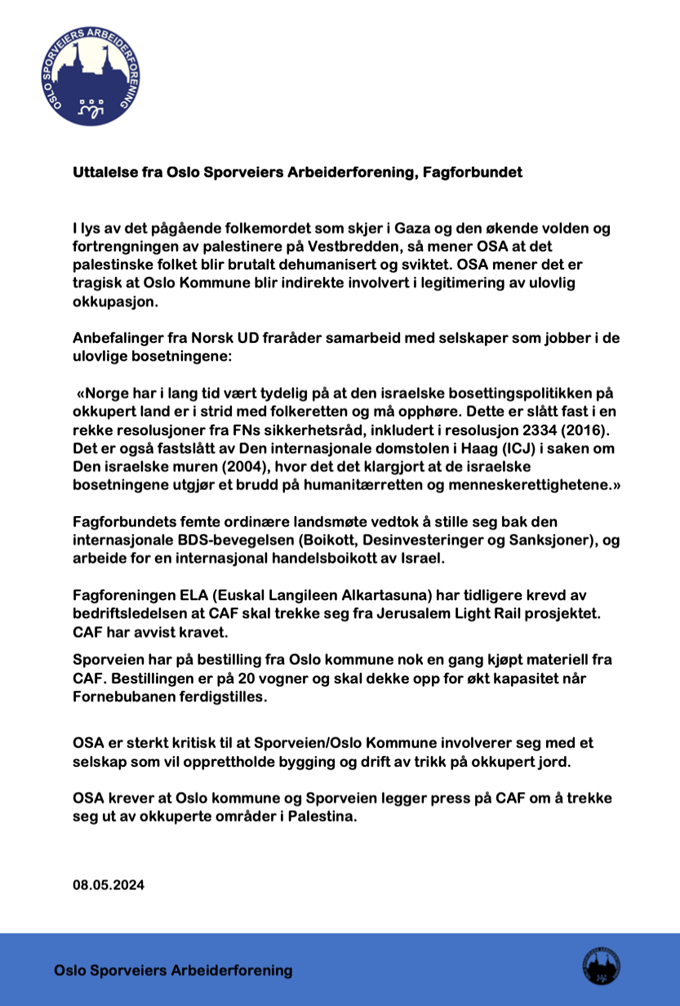 Uttalelse fra Oslo Sporveiers Arbeiderforening- CAF-mai2024-nett