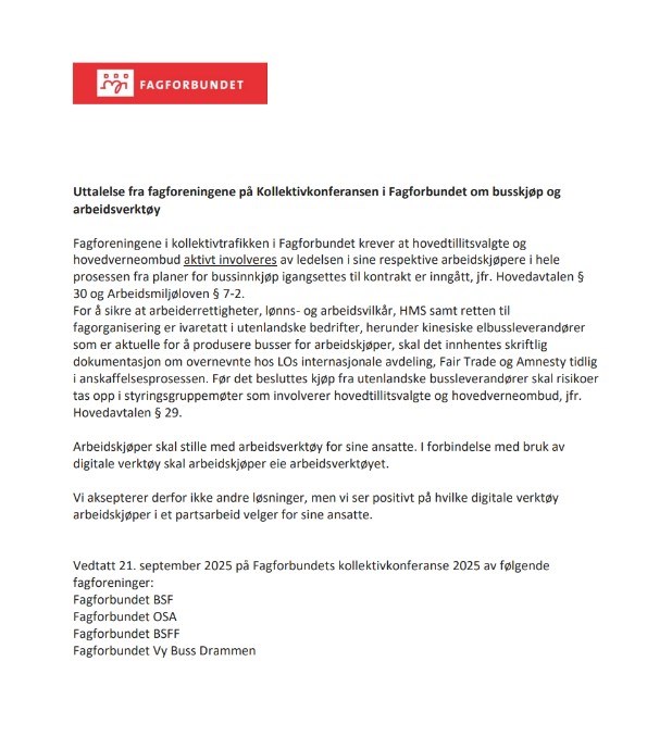 Uttalelse fra fagforeningene på kollektivkonferansen